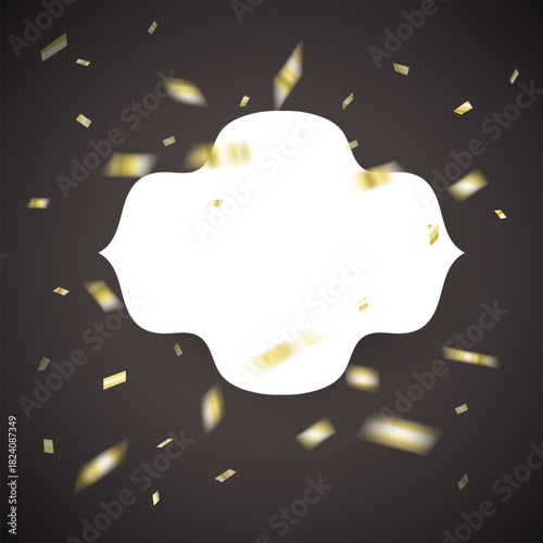 Golden Confetti Burst with Ornate Blank Label on Dark Background frame for text. Vector templates for wedding invitation, greeting card, packaging, branding, design, social or media