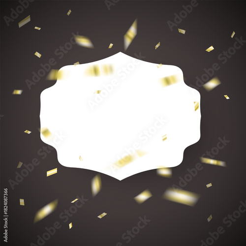 Golden Confetti Burst with Ornate Blank Label on Dark Background frame for text. Vector templates for wedding invitation, greeting card, packaging, branding, design, social or media
