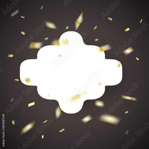 Golden Confetti Burst with Ornate Blank Label on Dark Background frame for text. Vector templates for wedding invitation, greeting card, packaging, branding, design, social or media