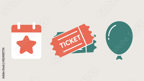 A calendar with a star, tickets, and a balloon on a light background indicating an event or celebration