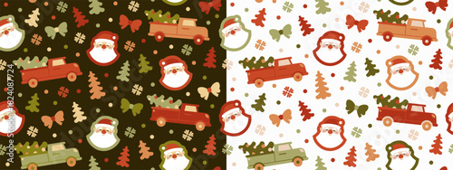 Happy New Year and Merry Christmas background set with cartoon santa claus, car and christmas tree on black background. Festive wallpaper, textile design. Vector illustration