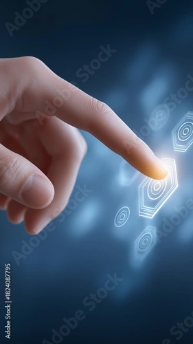 Human finger approaches illuminated digital interface and gently presses the central icon as the glowing UI elements shift position creating subtle forward interaction