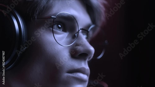 Close-up of a focused teenage boy wearing glasses and large headphones in dim neon lighting as he slowly turns his head, shifting gaze forward with calm concentration during a quiet evening session