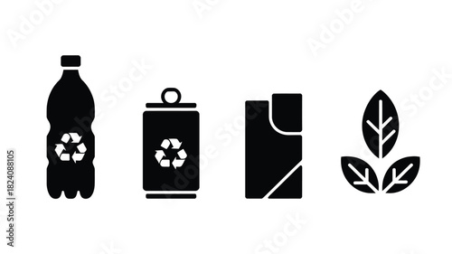 A black and white image showing a plastic bottle, a can, a carton, and leaves with recycle symbols