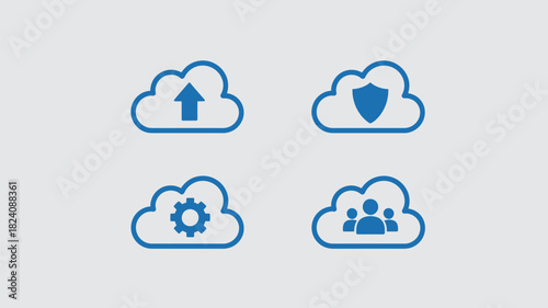 Illustration of four blue cloud icons representing upload security settings and collaboration services