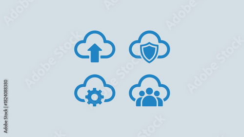 Four blue cloud icons representing upload security settings and teamwork on a light gray background