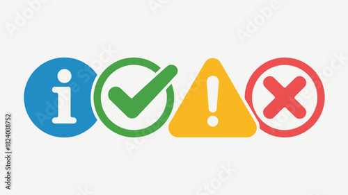 A collection of four colorful symbols including information checkmark warning and cancellation icons