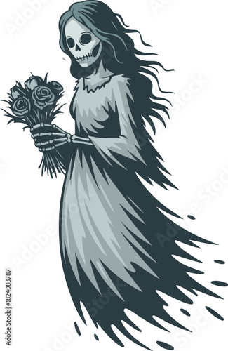 Ethereal ghost bride vector with long flowing hair and a withered rose bouquet for spooky Halloween themes