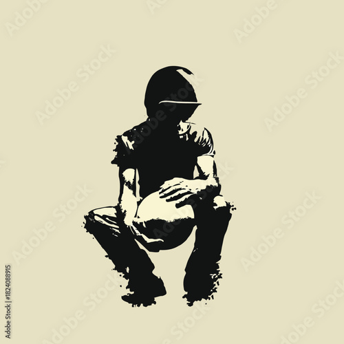 Silhouette of a person holding a sphere against beige background