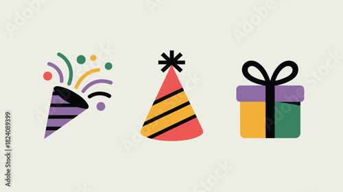 Illustration of a party popper with confetti a party hat and a gift box on a light background
