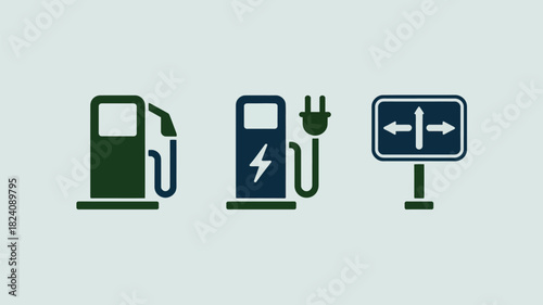 Three icons depicting a gas station an electric charging station and a directional road sign on light background