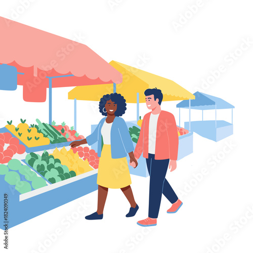 Interracial couple walking hand in hand at market enjoying fresh produce  