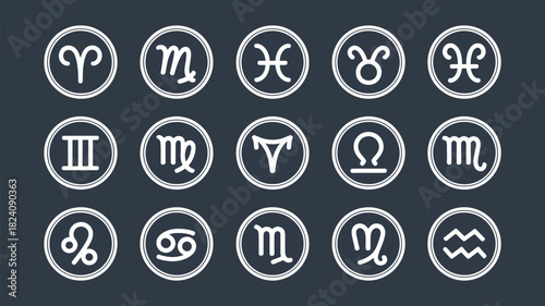 A collection of white zodiac signs in circles arranged on a dark gray background in a pattern format