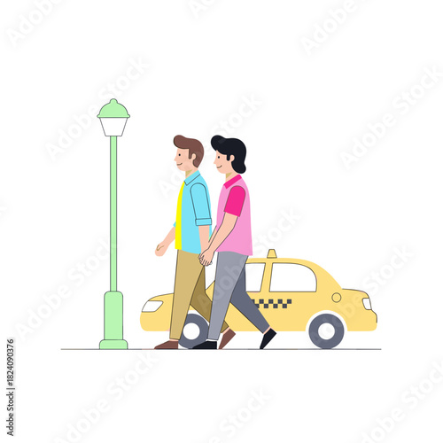 Young gay couple walking hand in hand by taxi in urban setting  
