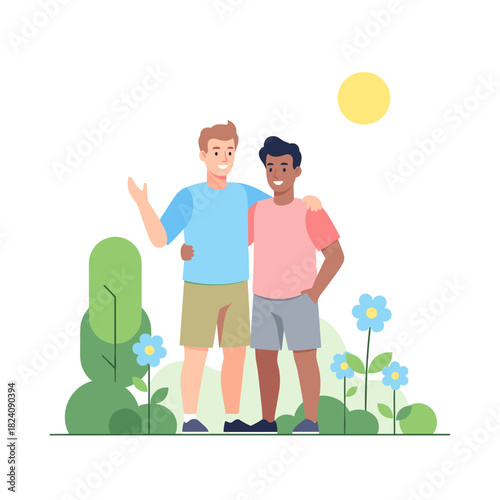 Young gay couple standing together in garden with flowers and sun  
