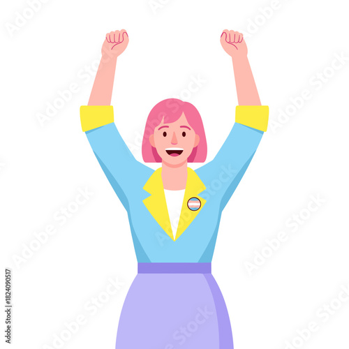 Excited trans woman celebrating with raised arms in colorful outfit  