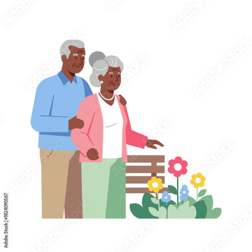 Elderly Black couple admiring flowers together in garden setting  