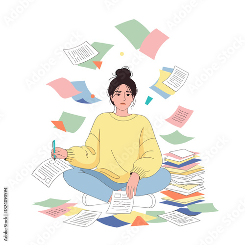 Disorganized woman sitting on floor surrounded by scattered papers  