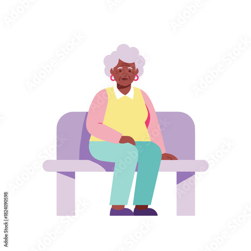 Elderly Black woman sitting on bench with relaxed expression  