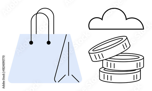 Shopping bag alongside stack of coins and cloud symbolizing e-commerce, savings, investments, money, online shopping, cloud storage, digital economy. Ideal for retail and financial themes. Simple
