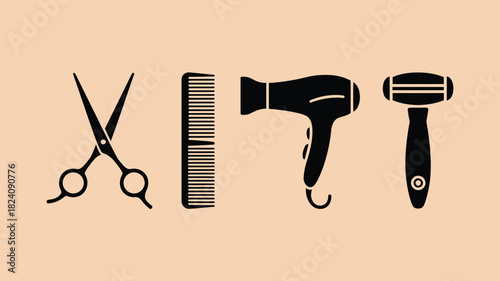 A flat lay of black silhouette hair styling tools on a light peach background in a simple graphic design