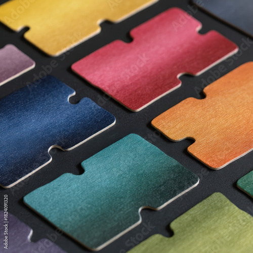 Wallpaper Mural Colorful puzzle pieces with textured surface are arranged on dark background, showcasing variety of vibrant hues including red, blue, green, and orange. pieces fit together seamlessly Torontodigital.ca