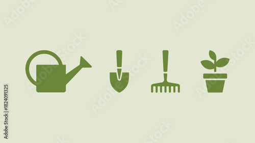 A simple illustration of gardening tools including a watering can, shovel, rake, and potted plant