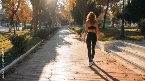 Wallpaper Mural Woman in athletic wear walks along sunlit park path surrounded by autumn trees, creating serene and peaceful atmosphere Torontodigital.ca