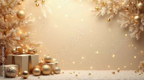 Warm And Glamorous Holiday Composition In Gold And Beige Tones.