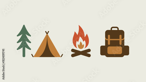 Illustrated camping icons featuring a tree, tent, campfire, and backpack on a cream colored background