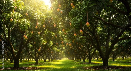 Mango orchard with abundant ripe fruit on trees under a bright sunny sky, showcasing tropical agriculture and harvest season