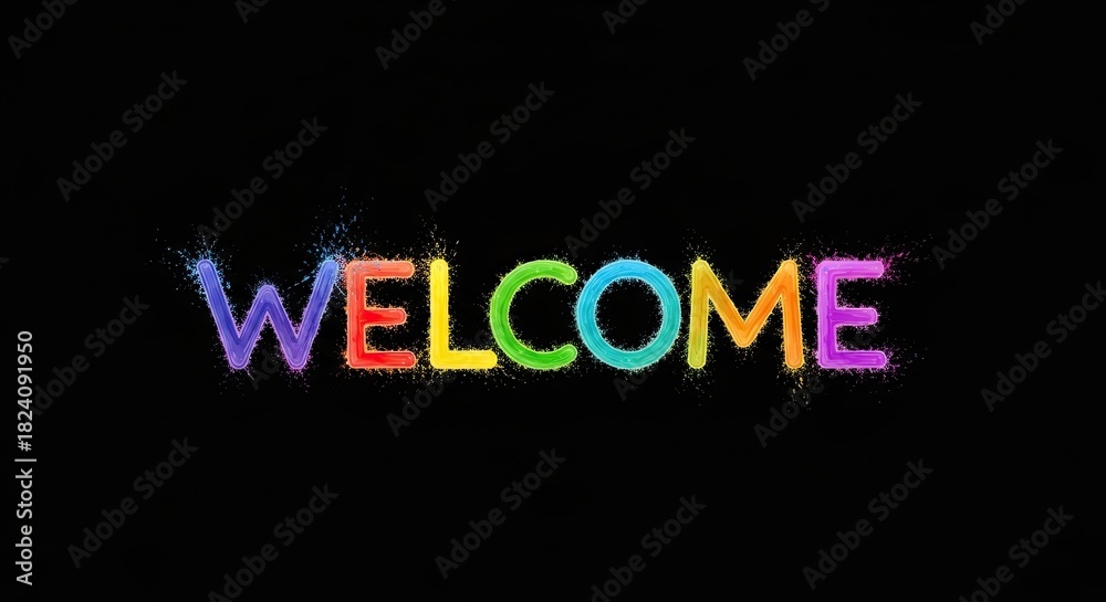 Obraz premium Colorful welcome text on black background for greeting or announcement