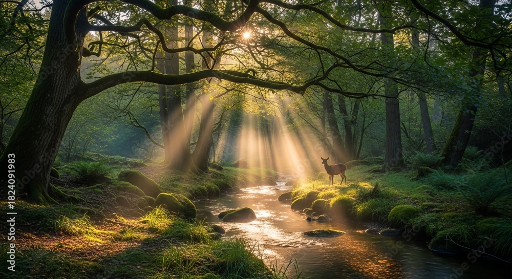 Fototapeta premium Sunbeams streaming through trees illuminating stream with deer nature's beauty in forest tranquility light filtering through branches creating serene woodland scene