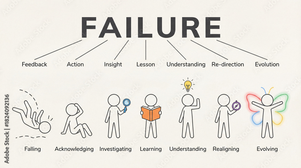 Obraz premium Failure Process Infographic Growth, Learning, and Evolution Illustrated with Stick Figures