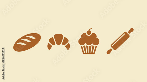 A simple illustration of bread croissant cupcake and rolling pin on a light yellow background flat design