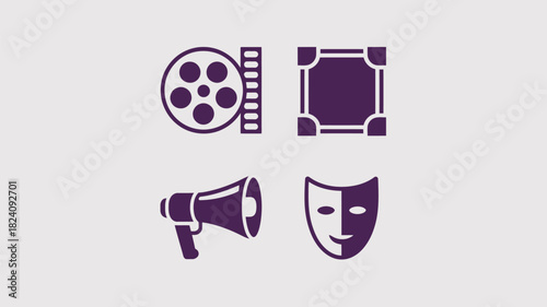 A set of four purple icons representing film reel stage megaphone and theatrical mask on a light background