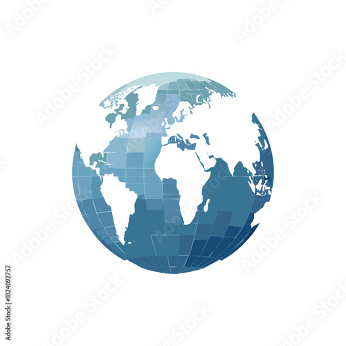 3D blue glass sphere of the world map with continents like Europe and America, suitable for international business or travel geography concepts