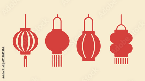 Four red chinese lantern illustrations in different shapes on a light yellow background simple and minimal