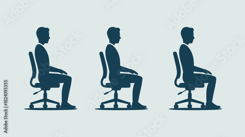 Three silhouettes showing different postures of a person sitting on an office chair in side view position