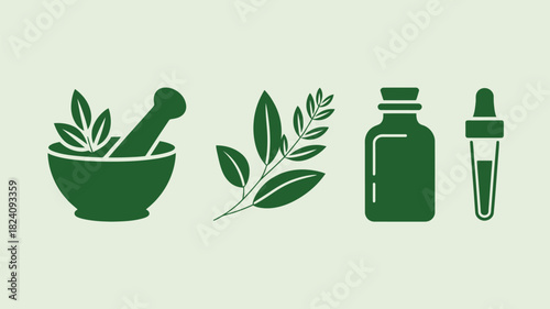Illustration of mortar and pestle with leaves, branch, bottle, and dropper in green color scheme