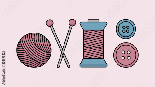 Illustration of a yarn ball, knitting needles, thread spool, and two buttons on a pink background