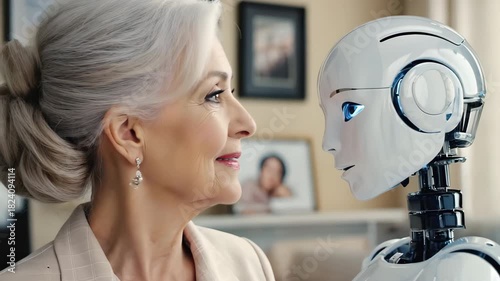 Elderly woman sharing emotional connection with humanoid robot companion