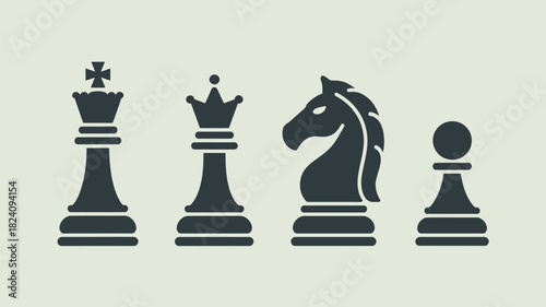 Four chess pieces king queen knight and pawn in a row on a light background in a simple vector style