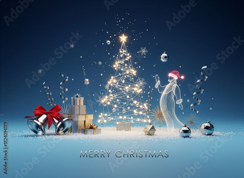 Classy minimalist merry Christmas and happy new year corporate greeting card. christmas tree and snowflakes. blue background