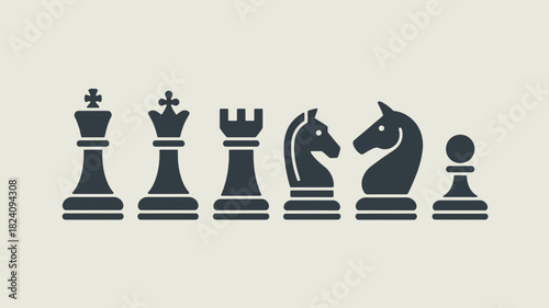 A graphic illustration of chess pieces including a king queen rook knight and pawn on a light background