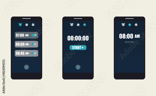 Alarm clock app smartphone interface vector template, Wake up time settings. Illustration