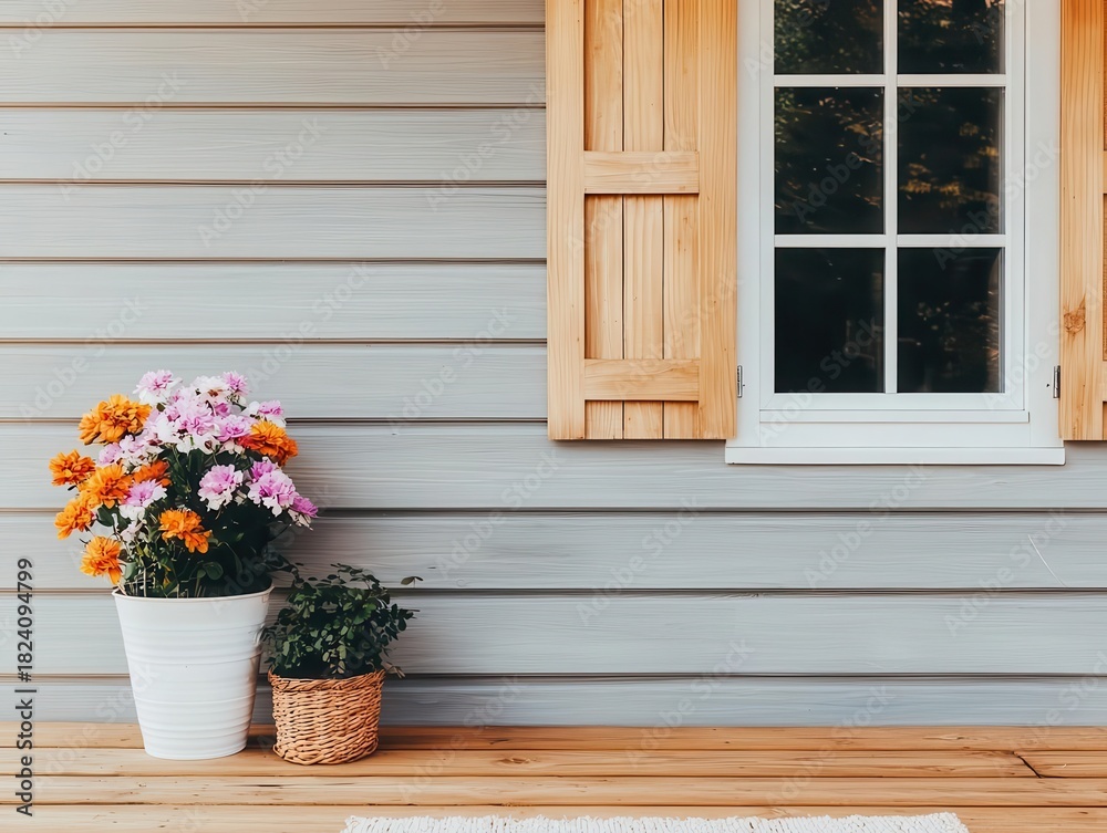 Naklejka premium Wooden facade with small shuttered window, wool rug, and cottage garden items