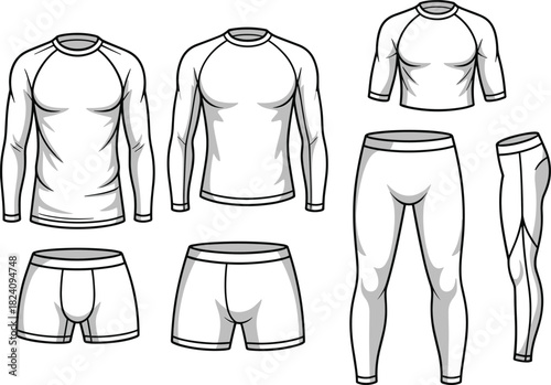Men's thermal underwear and sport compression set technical fashion illustration comprising shirt leggings and boxer briefs vector template isolated.