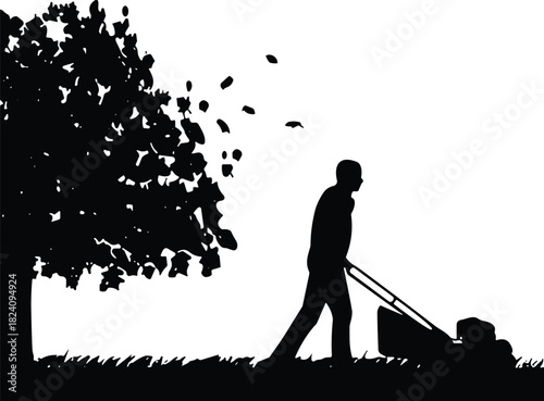 Gardener man silhouette mowing green grass lawn with machine under tree with falling leaves vector illustration isolated on white.