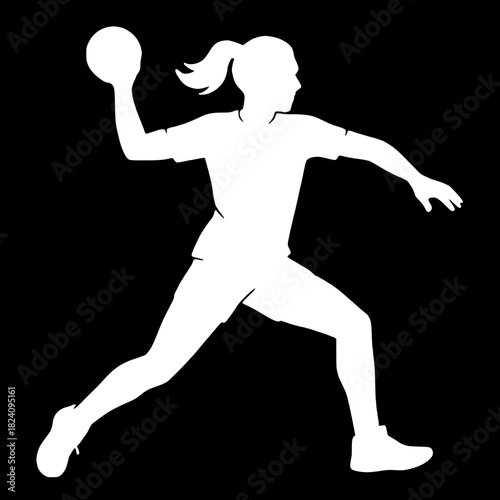 Focused female athlete throwing handball with power and dynamic movement in competitive match